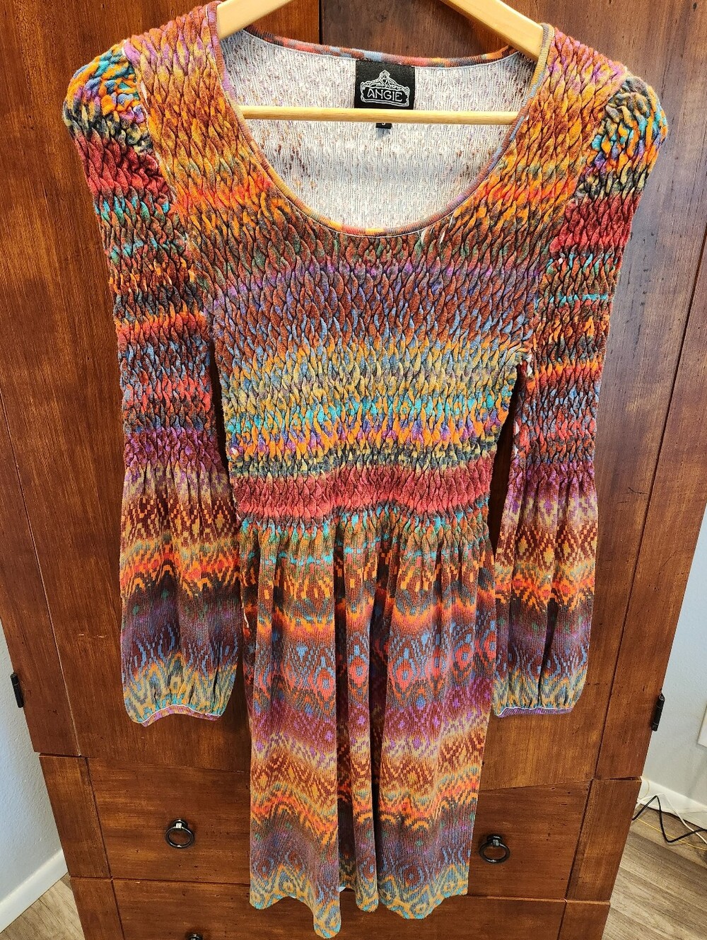 Angie Boho Knit Bubble Sleeve Midi Dress Smocked Waist Aztec Print Sz S